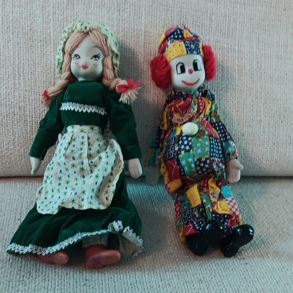 Colorful Patchwork Clown and Green Doll Set